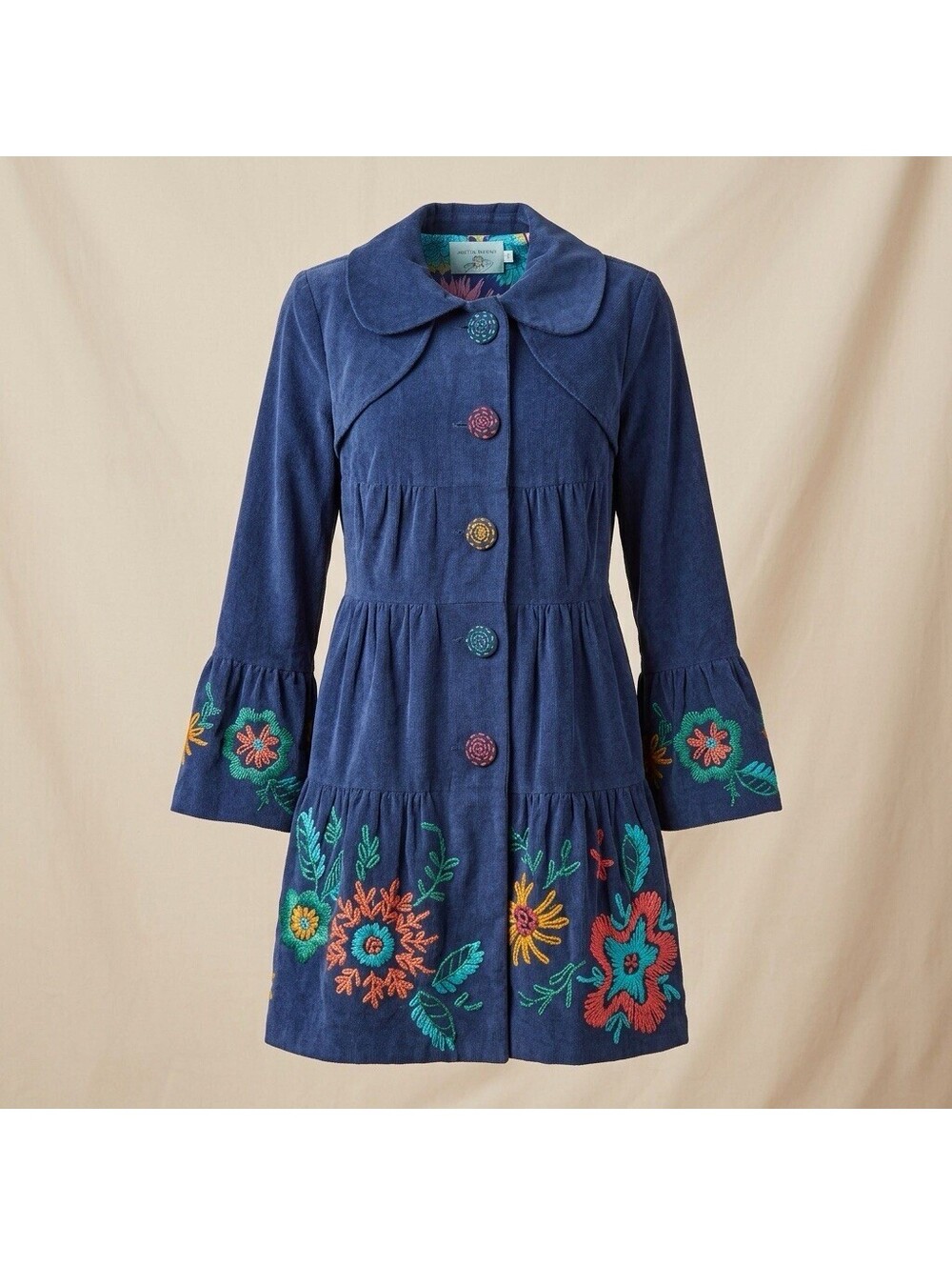 Judith March Velvet Coat Small Navy Blue Floral Embroidery Boho Long Sleeve EUC